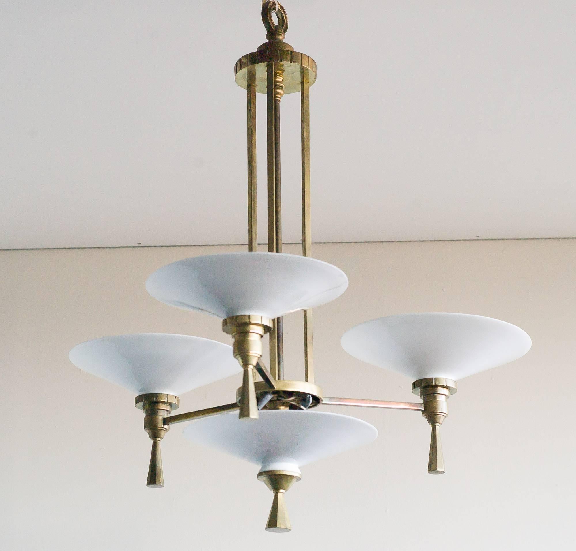 French Art Deco Opaque Glass and Brass Chandelier
