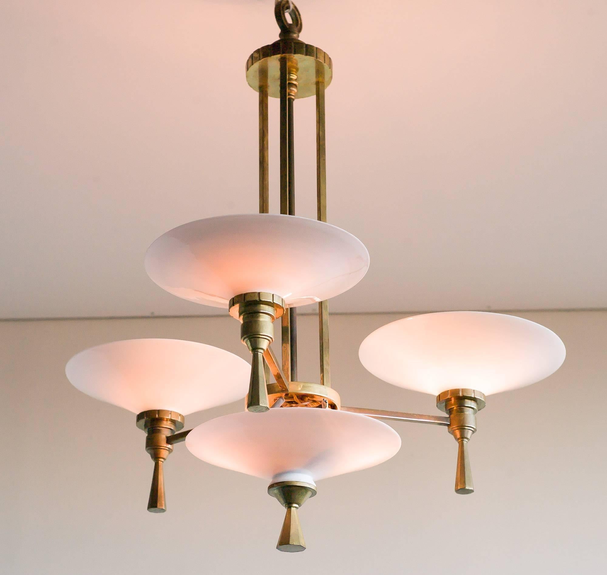 Art Deco Opaque Glass and Brass Chandelier In Excellent Condition In Dronten, NL