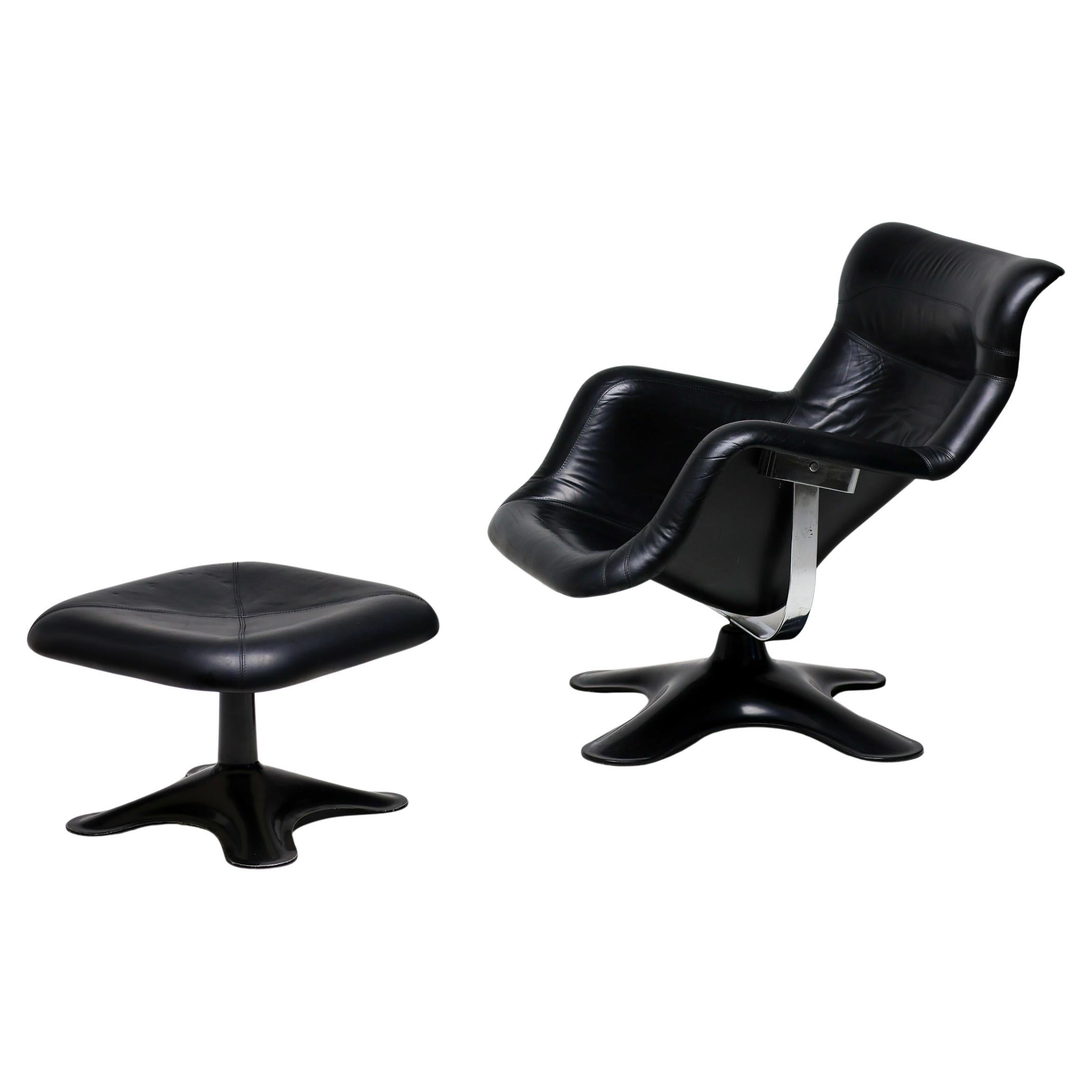 Silla de salón y otomana Karuselli negra, moderna de mediados de siglo, de Yrjo Kukkapuro