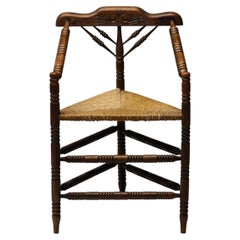 Rustic Turned Oak Armchair with Hand-Woven Rush Seat