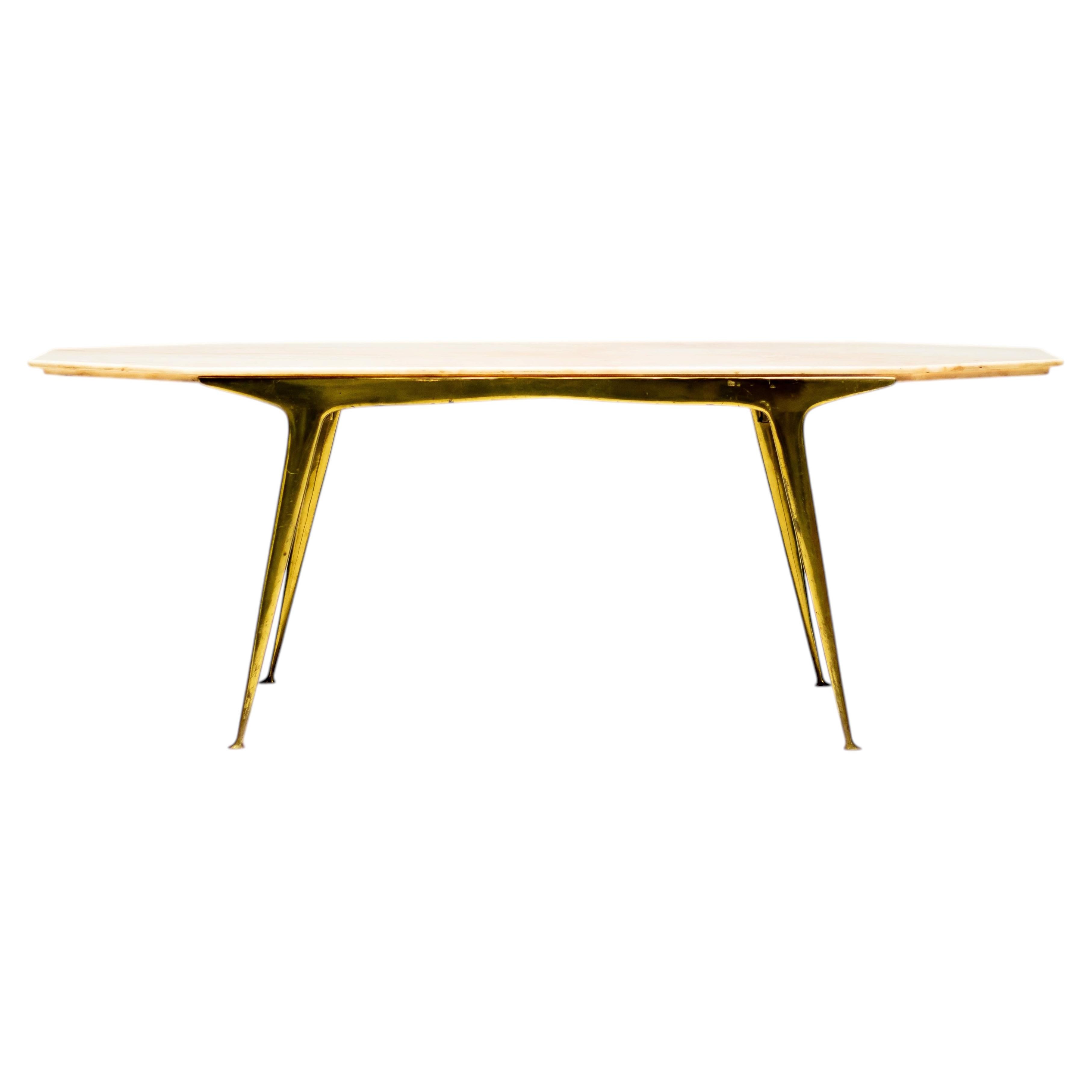 Carlo Di Carli Elegant Italian Coffee Table with Brass Base and Marble Top, 1950 For Sale
