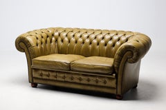 Vintage Mid Century Olive Green Leather Chesterfield Sofa, England, 1960s