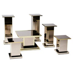 Set of Six Smoked Mirror Glass and Brass Pedestals, 1970s France