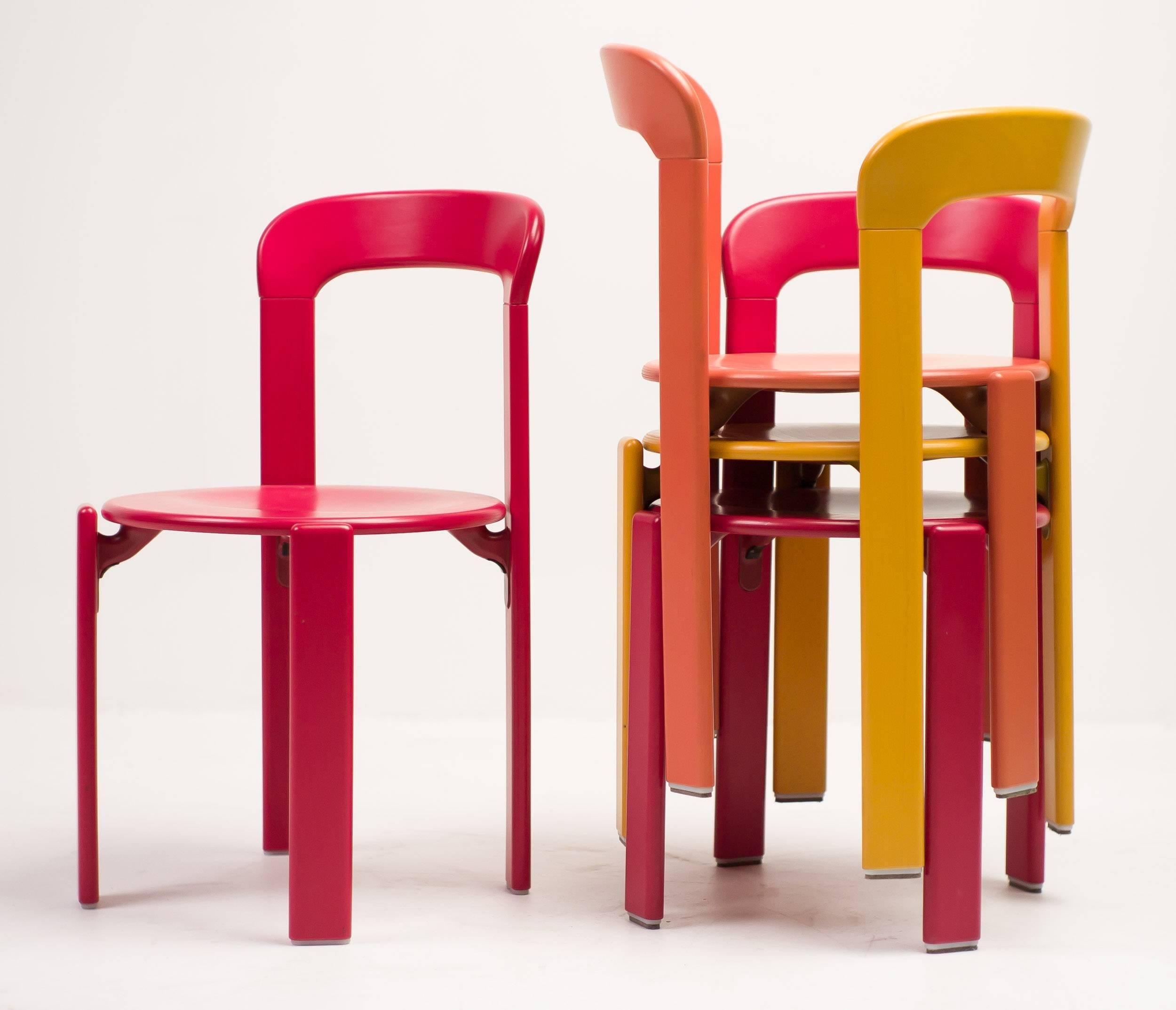 Set of Rey chairs designed by Bruno Rey for Dieteker Swiss.
Stackable, lacquered in different colors.
 

 
