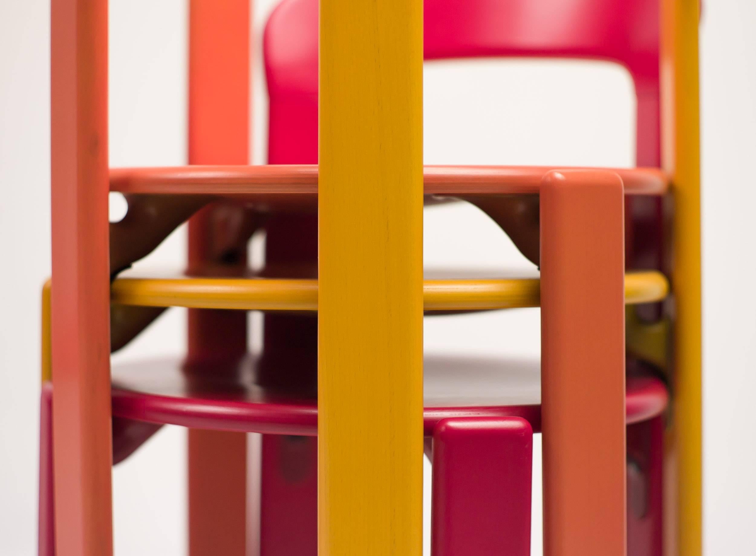 Lacquered Colorful Set of Four Rey Chairs by Bruno Rey