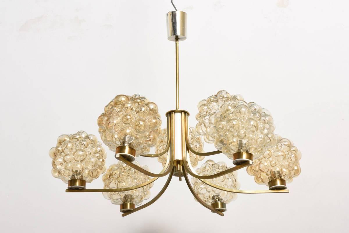 Large nine lights beautiful bubble glass chandelier or pendant designed by Helena Tynell for Glashütte Limburg, Germany, 1970.

Also a set of two sconces available.
 