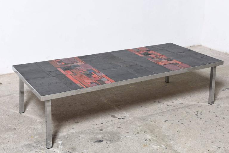 Large Pia Manu Low Rectangle Art Ceramic Tile Table 1960s For Beautiful Mosaic Top Table Made Of Unique Handcrafted Tiles With A Chromium Red Pink