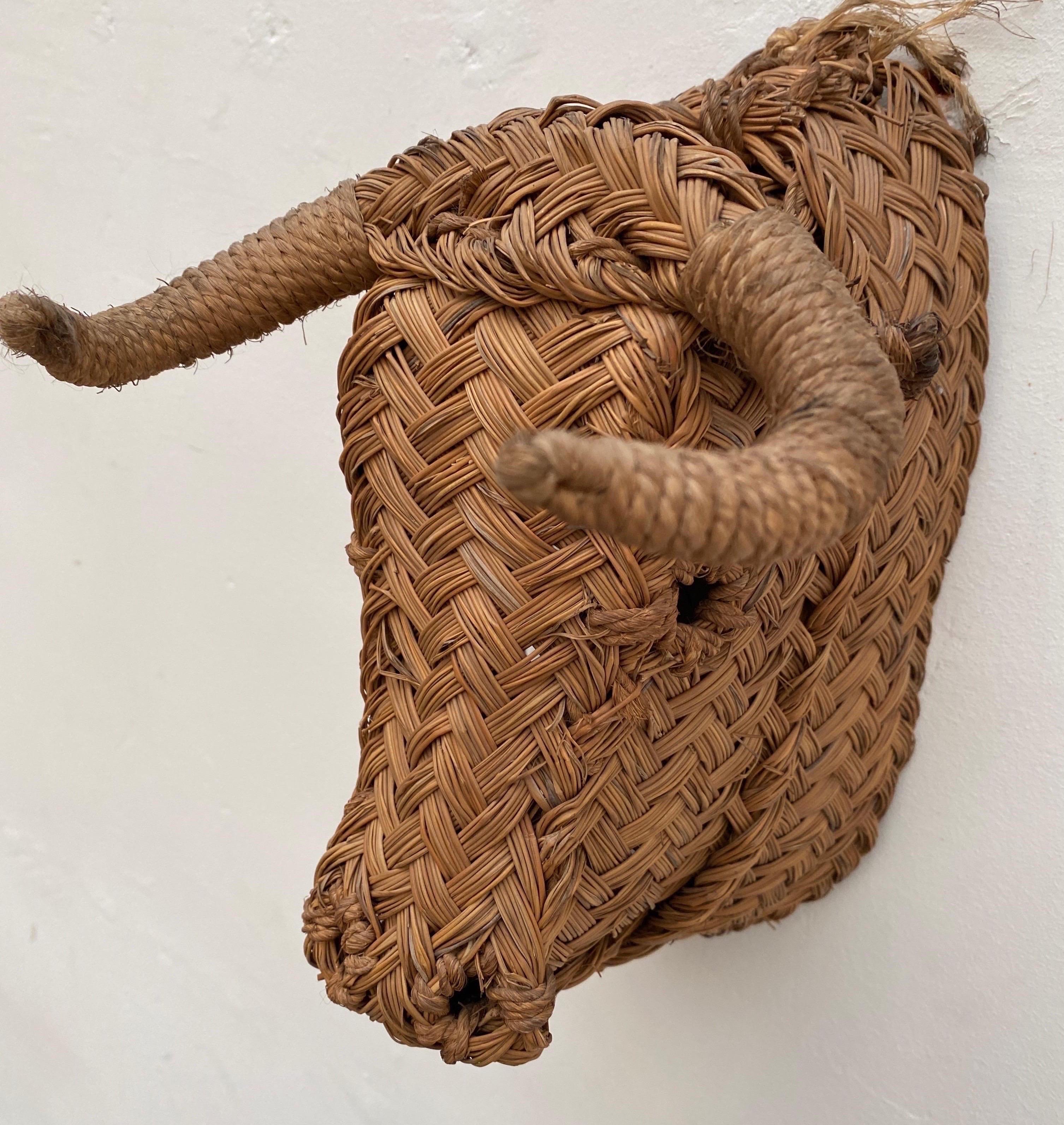 Wicker Rattan Minotaur Bull Head Wall Decoration, 1960s, France In Good Condition In Antwerp, BE