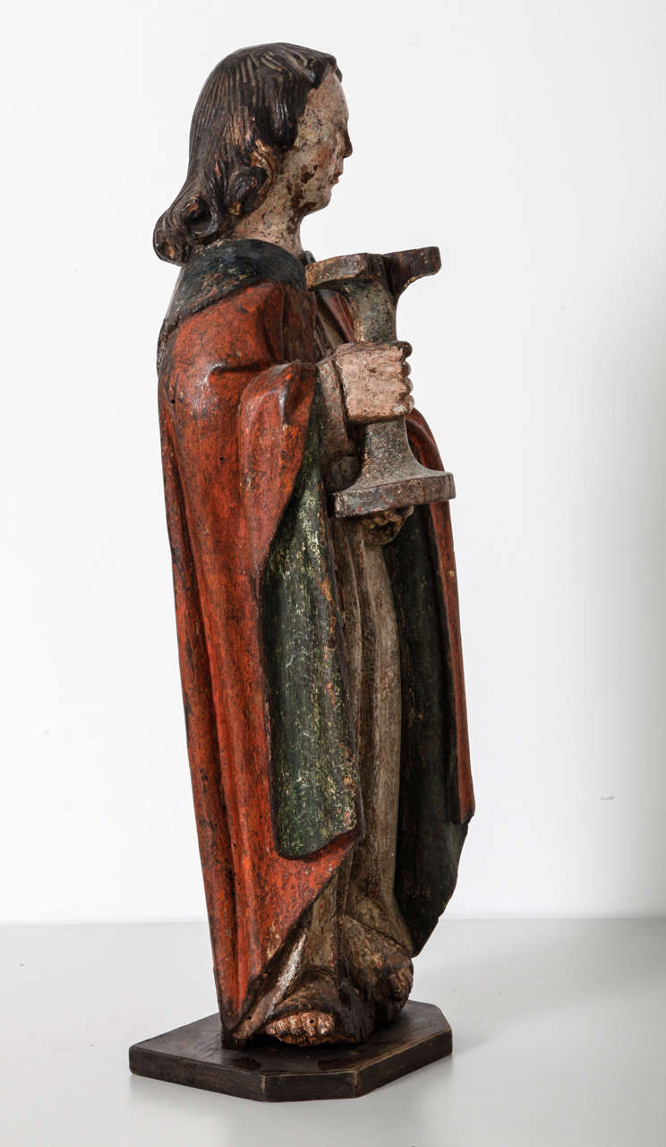 Kunstwerke, polychromer Guardian Angel mit Kandelaber, Niederlande (Gotisch) im Angebot