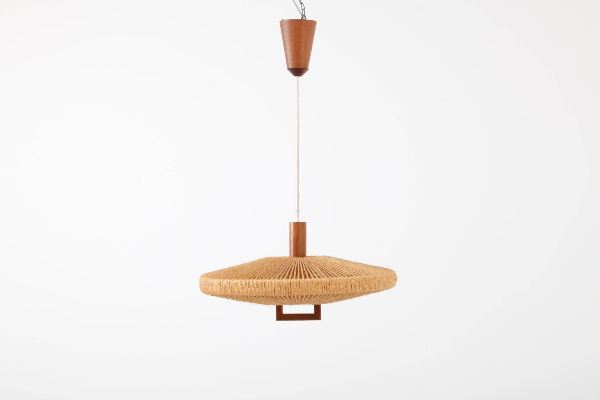 Danish Modern Teak Woven Jute Chandelier Pendant Lamp. 