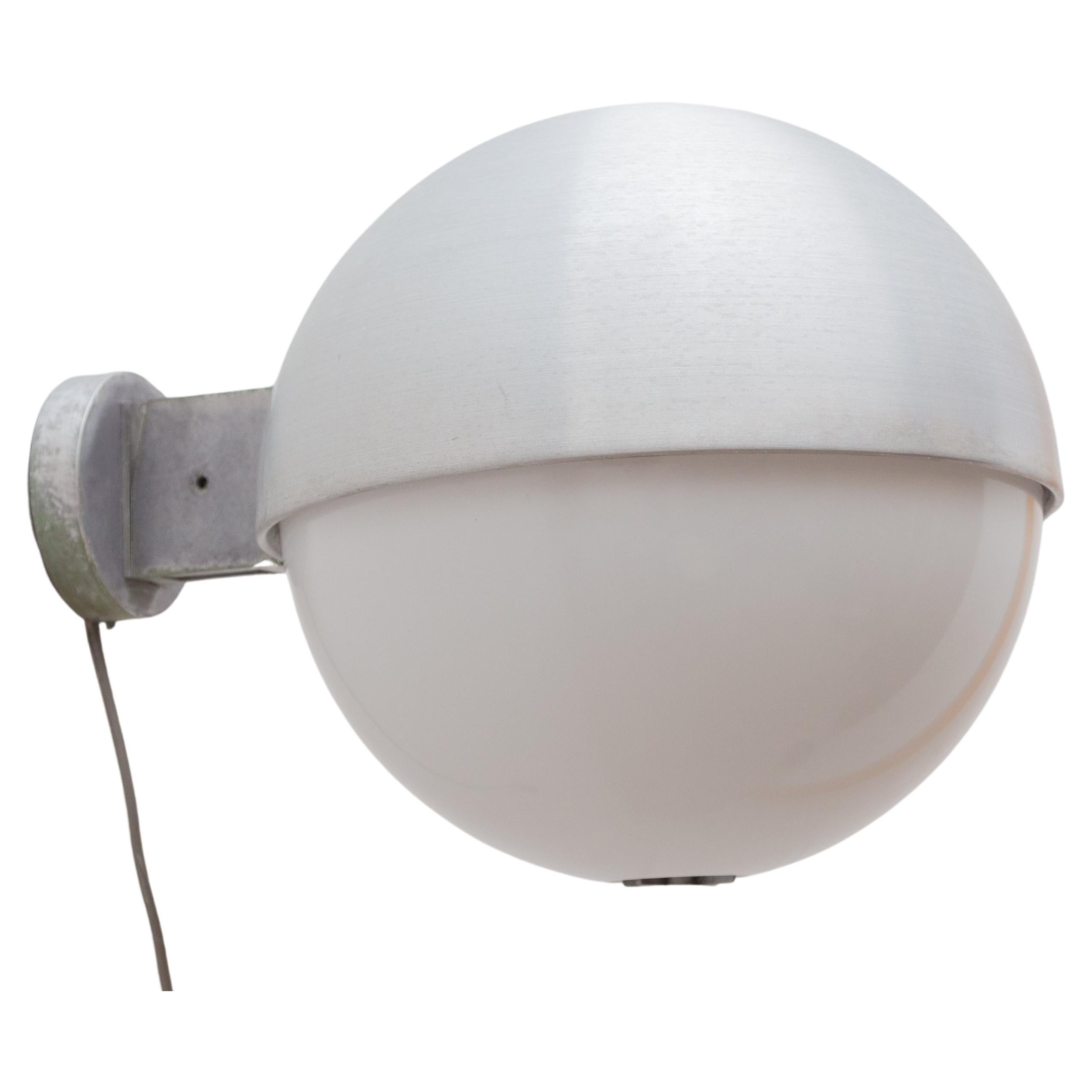 Original BEGA large globe wall lights. aluminium chrome cast fixture with white frosted plastic globe shades. Set of six pieces, price a piece, marked with stamp. Suitable for in- and outdoor use.