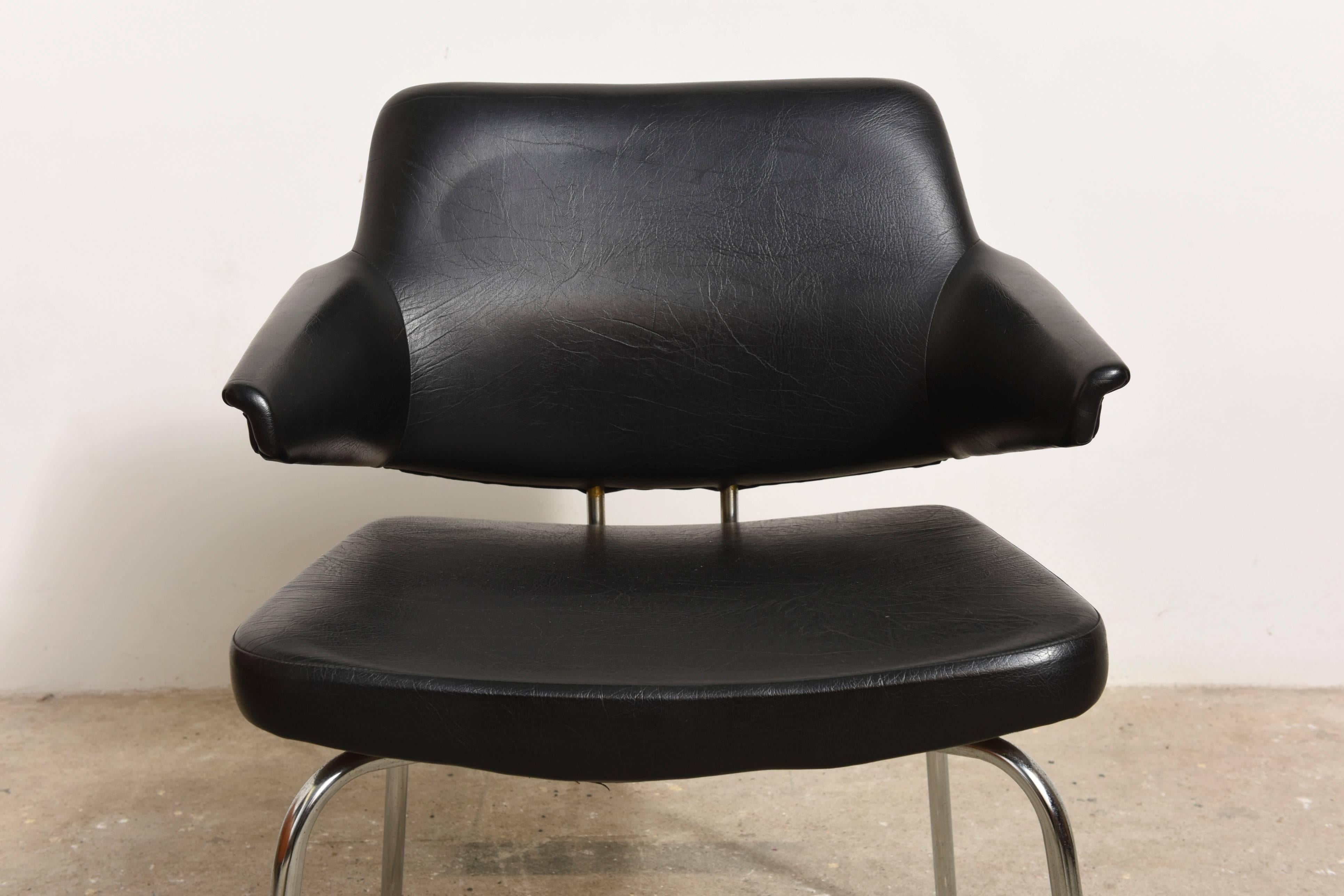 Mid-20th Century Black Leather Armchairs Designed by Pierre Paulin