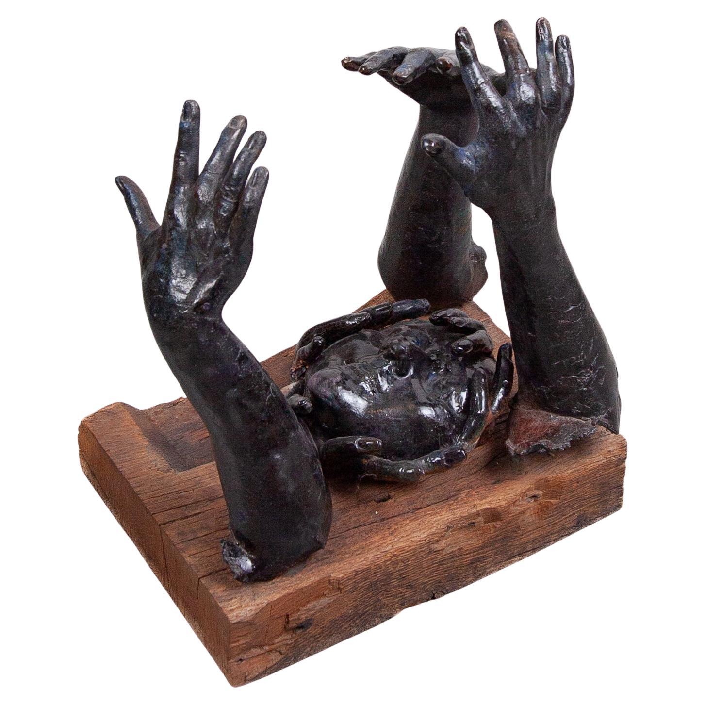 Rare Blue Glazed Ceramic Sculpture Decorated with Hands, 1970s, Belgium