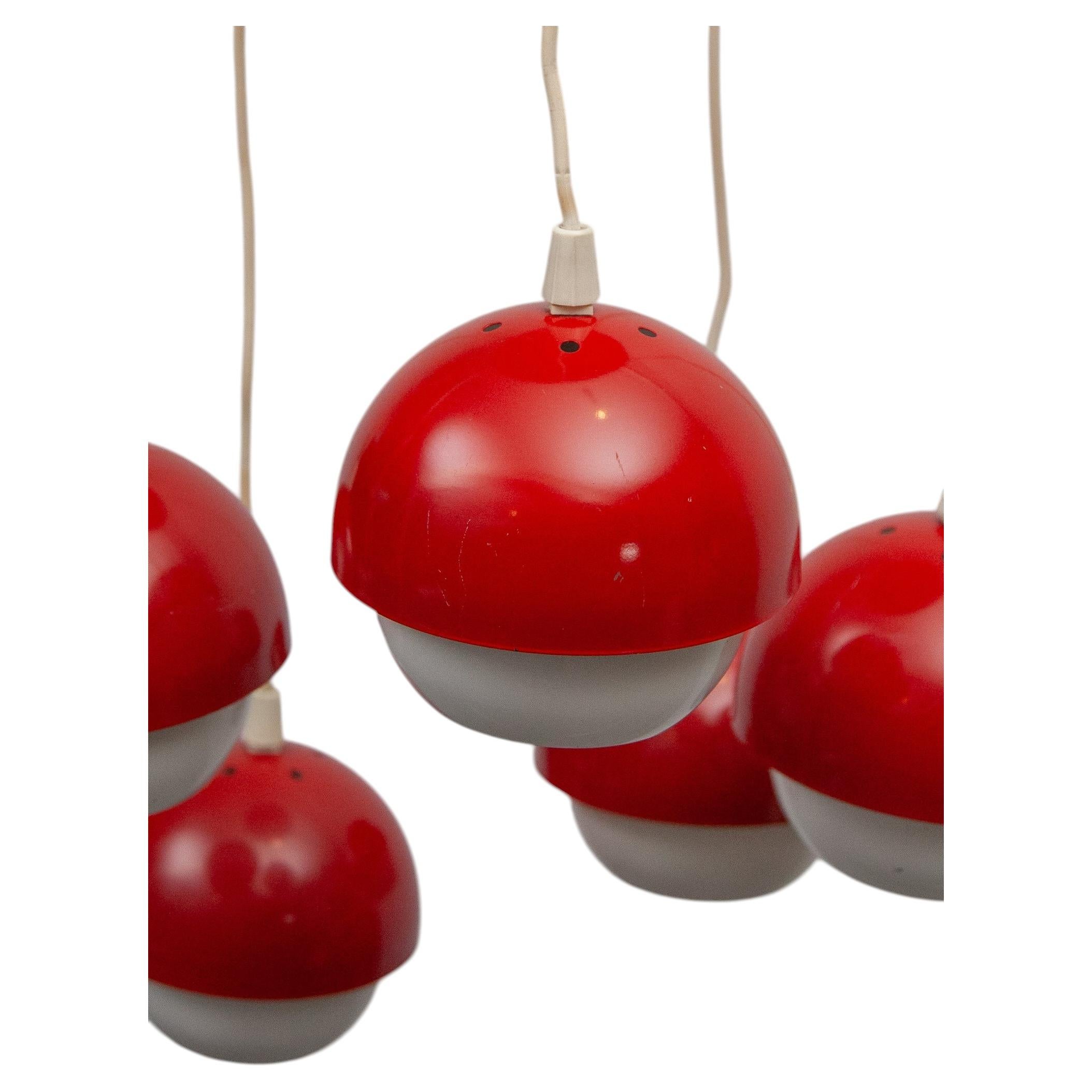 Space Age Red and White Five Metal Globes Cascade Pendant, Lyfa For Sale
