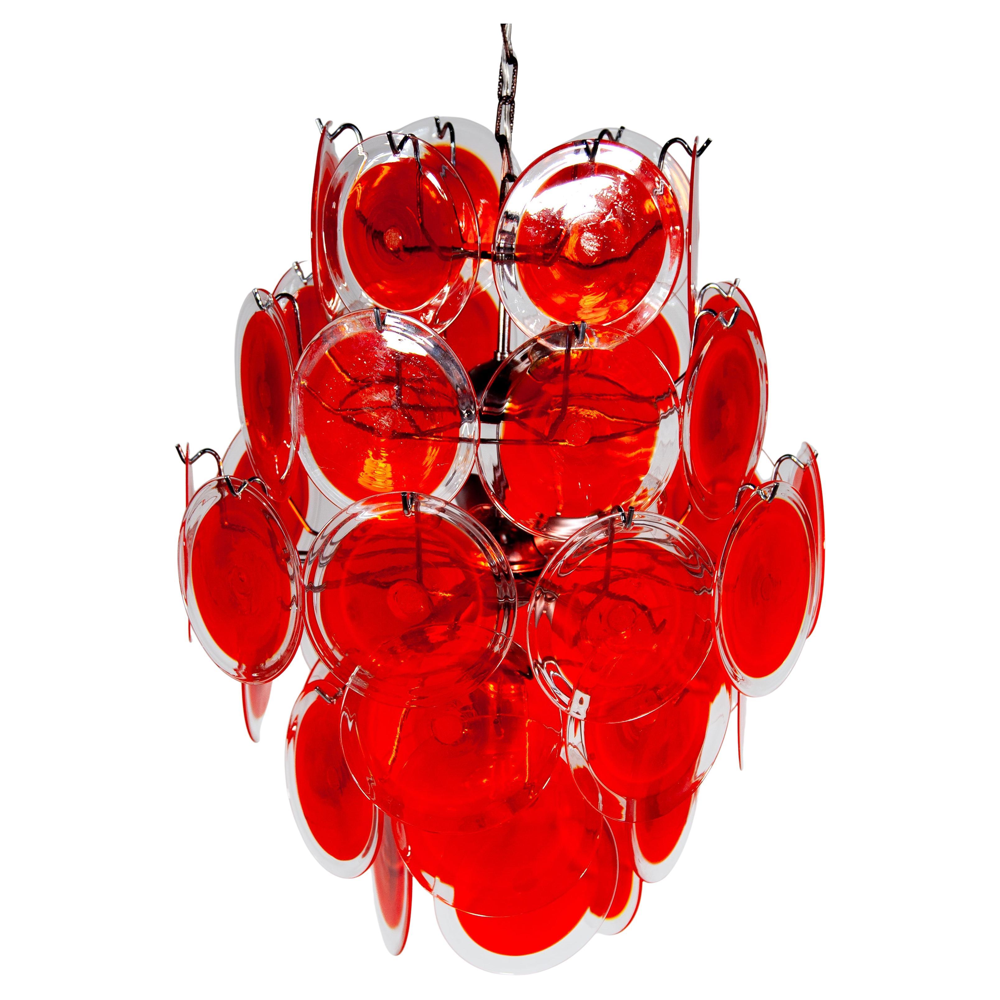 Metallo Large RED Disk Hand Blown Vistosi 1960s Chandelier, Italy in vendita
