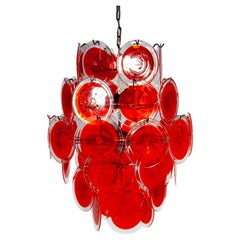 Large RED Disk Hand Blown Vistosi 1960s Chandelier, Italy