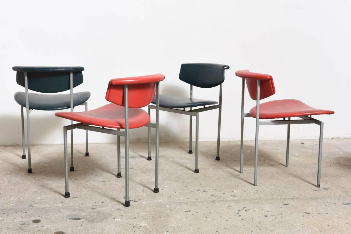 A set of seven original chairs and one desk chair model Alpha and Beta from the Meander Serie, designed by architect Rudolf Wolf in 1964.

The dining chair Alpha, the armchair Beta are characterized by their ergonomic seat round shapes and a steel