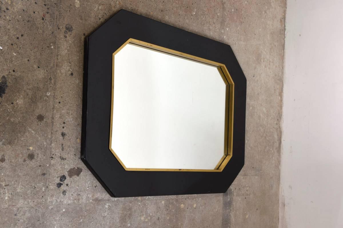 Mid-Century Modern Octagonal Brass and Black Lacquer Mirror