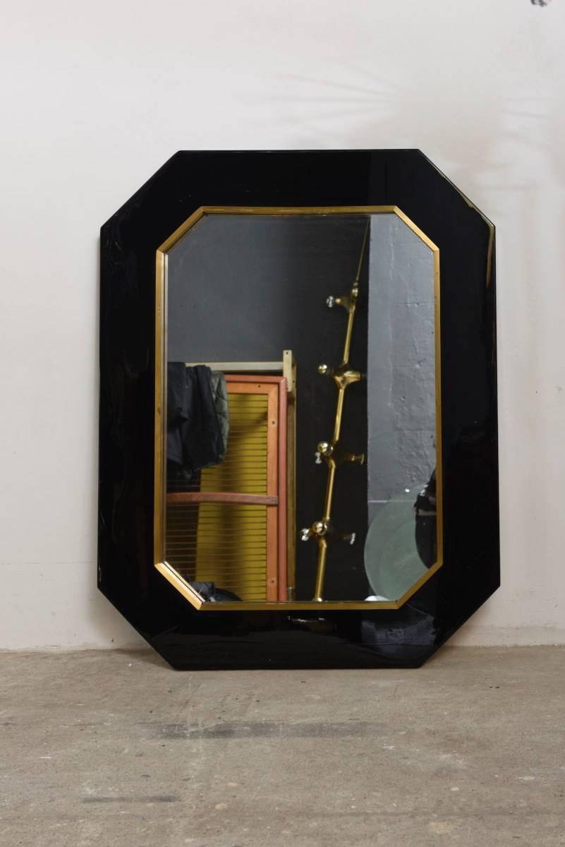 French Octagonal Brass and Black Lacquer Mirror