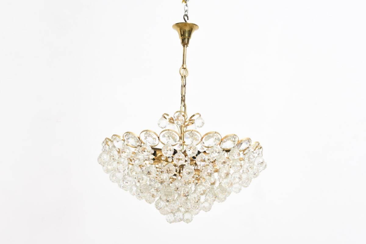 Mid-Century Modern Palwa Jewel Large Brass Gilt and Faceted Crystal Chandelier 
