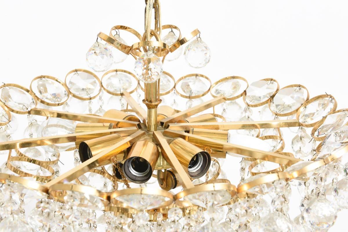 German Palwa Jewel Large Brass Gilt and Faceted Crystal Chandelier 