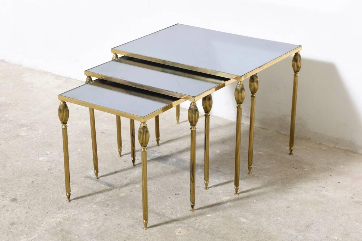 Mid-Century Modern 1970s Maison Jansen Style Brass and Mirror-Glass Nesting Tables