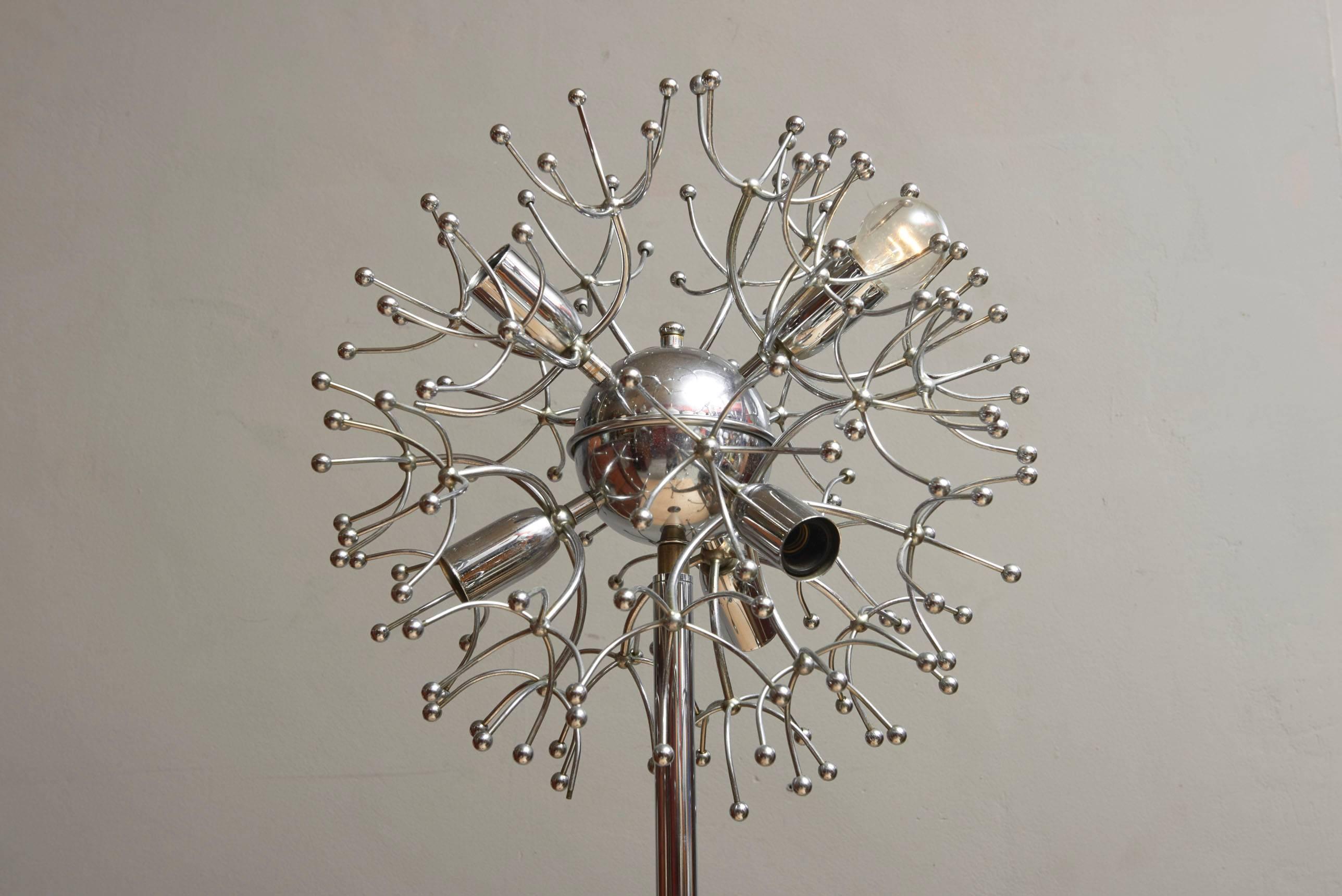 An exceptional Mid-Century Sputnik floor lamp, inspired by the Atomium in Brussels, 1958, and the Russian spacecraft in 1957.
Italian chrome-plated Sputnik spider floor lamp.