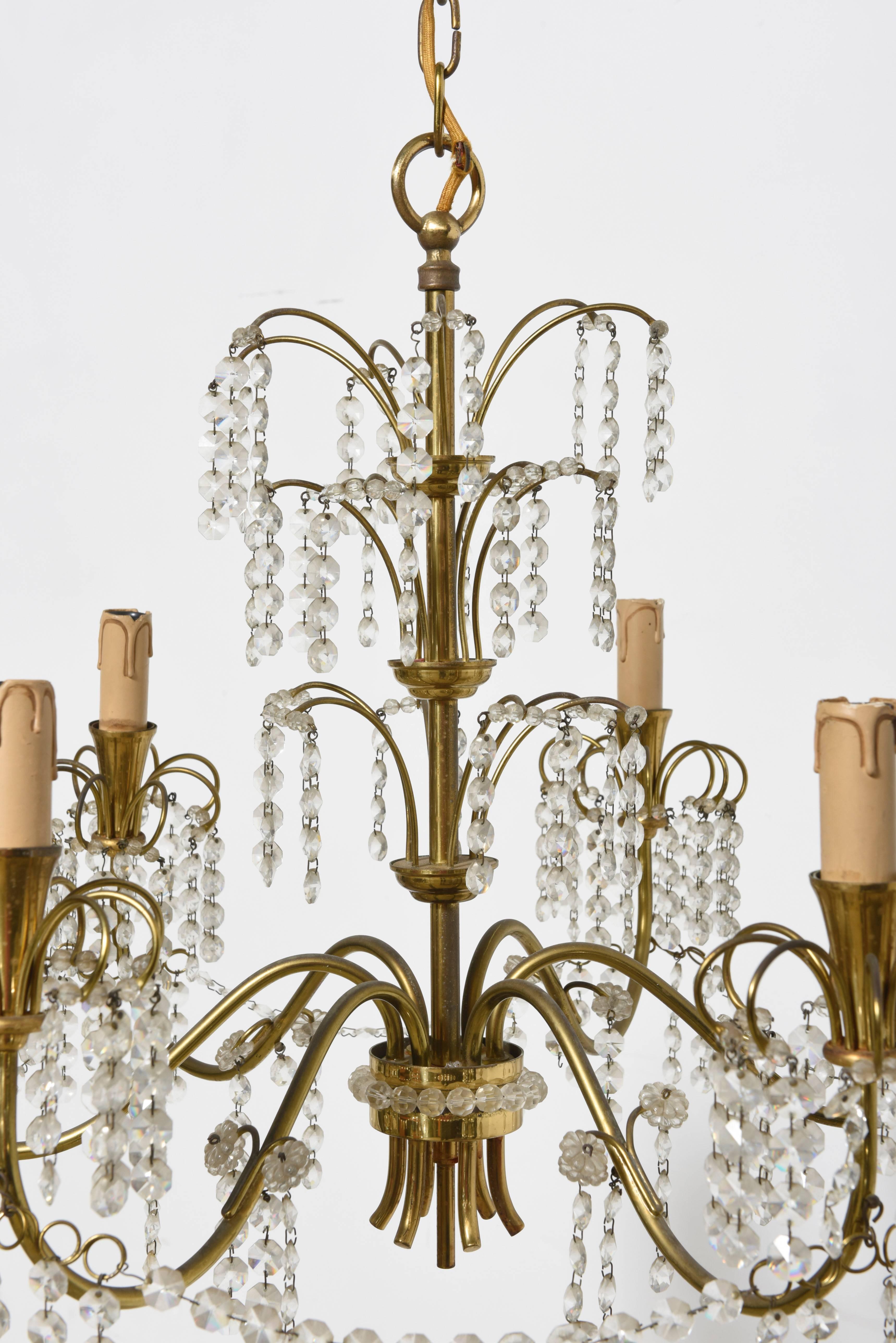 Faceted Romantic Italian Brass, Crystal, 1950s Waterfall Chandelier For Sale
