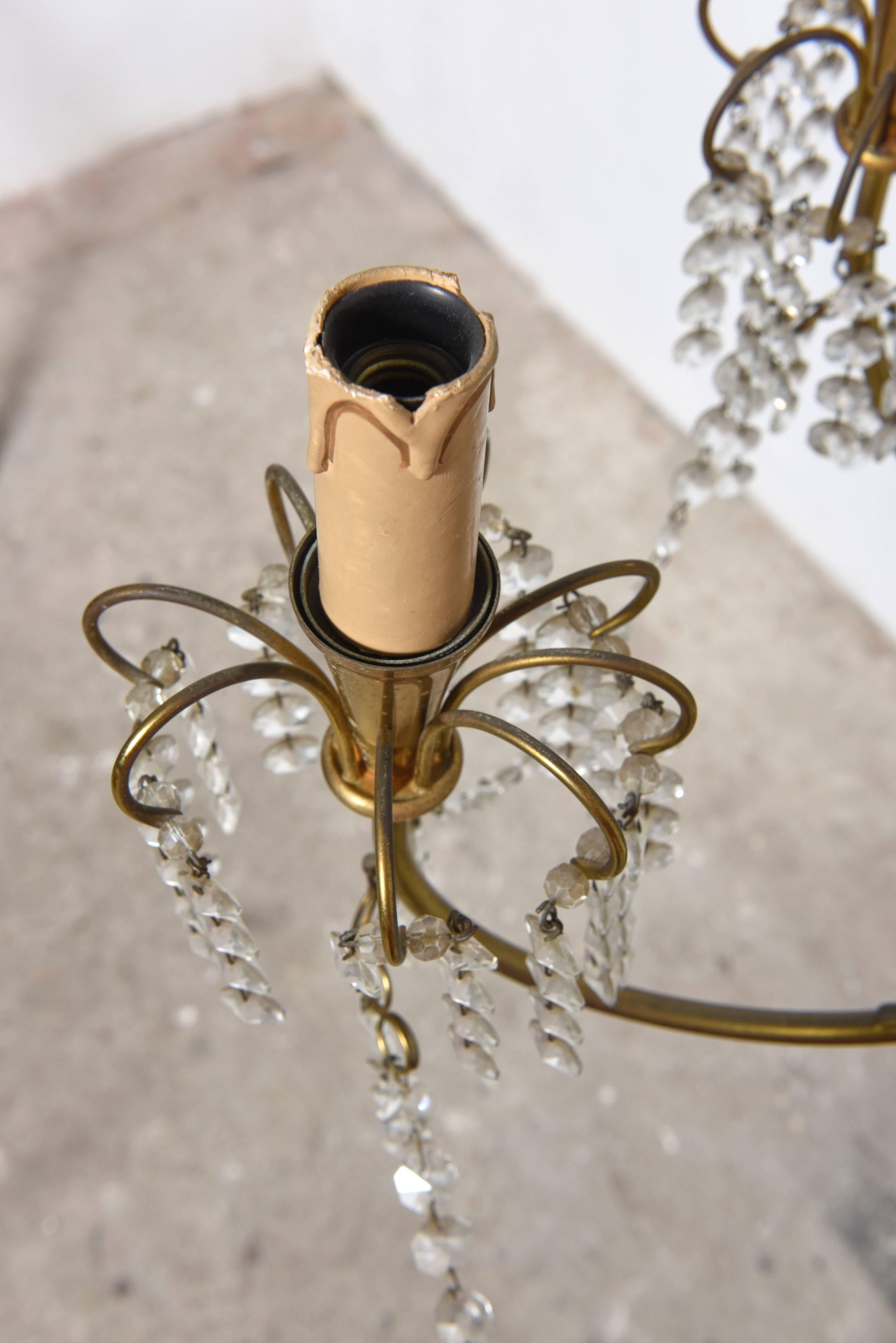 Mid-20th Century Romantic Italian Brass, Crystal, 1950s Waterfall Chandelier For Sale