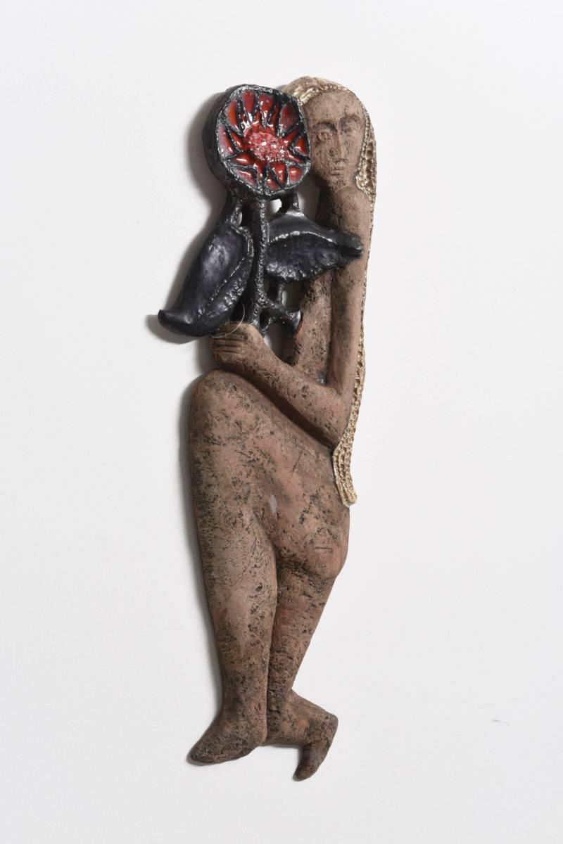 Belgian Wall Modernist Sculpture, Girl with Flower, Perignem, Elisabeth Vandeweghe