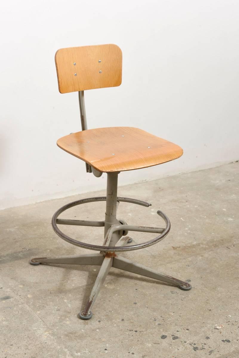Industrial chairs can be used as a dining-room chair or office or desk chair.

The backrest can be moved up and down and from front to back, the seat turning around, two metal rotary knobs are meant to adjust everything in detail, multi different
