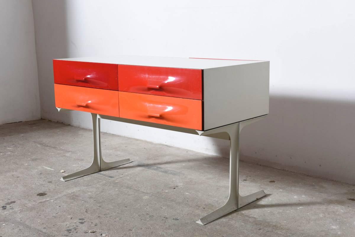 Mid-Century Modern Iconic Raymond Loewy Red, Orange Free Standing Low Two-Sided Cabinet