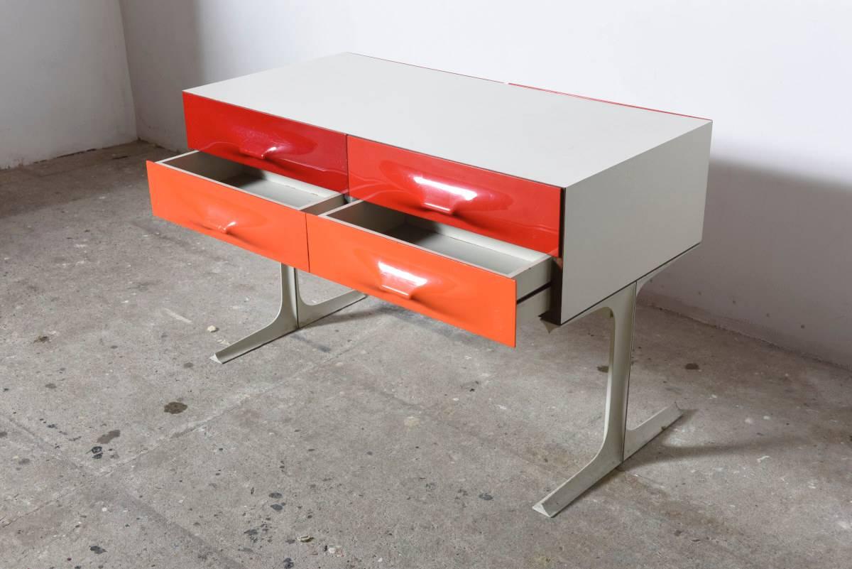 French Iconic Raymond Loewy Red, Orange Free Standing Low Two-Sided Cabinet