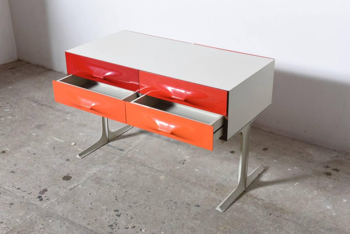 Laminated Iconic Raymond Loewy Red, Orange Free Standing Low Two-Sided Cabinet