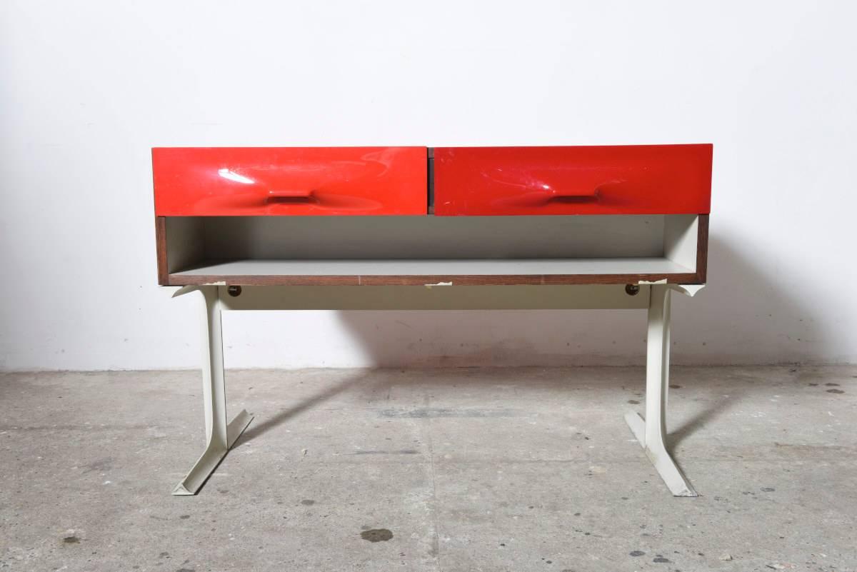 Iconic Raymond Loewy Red, Orange Free Standing Low Two-Sided Cabinet 1