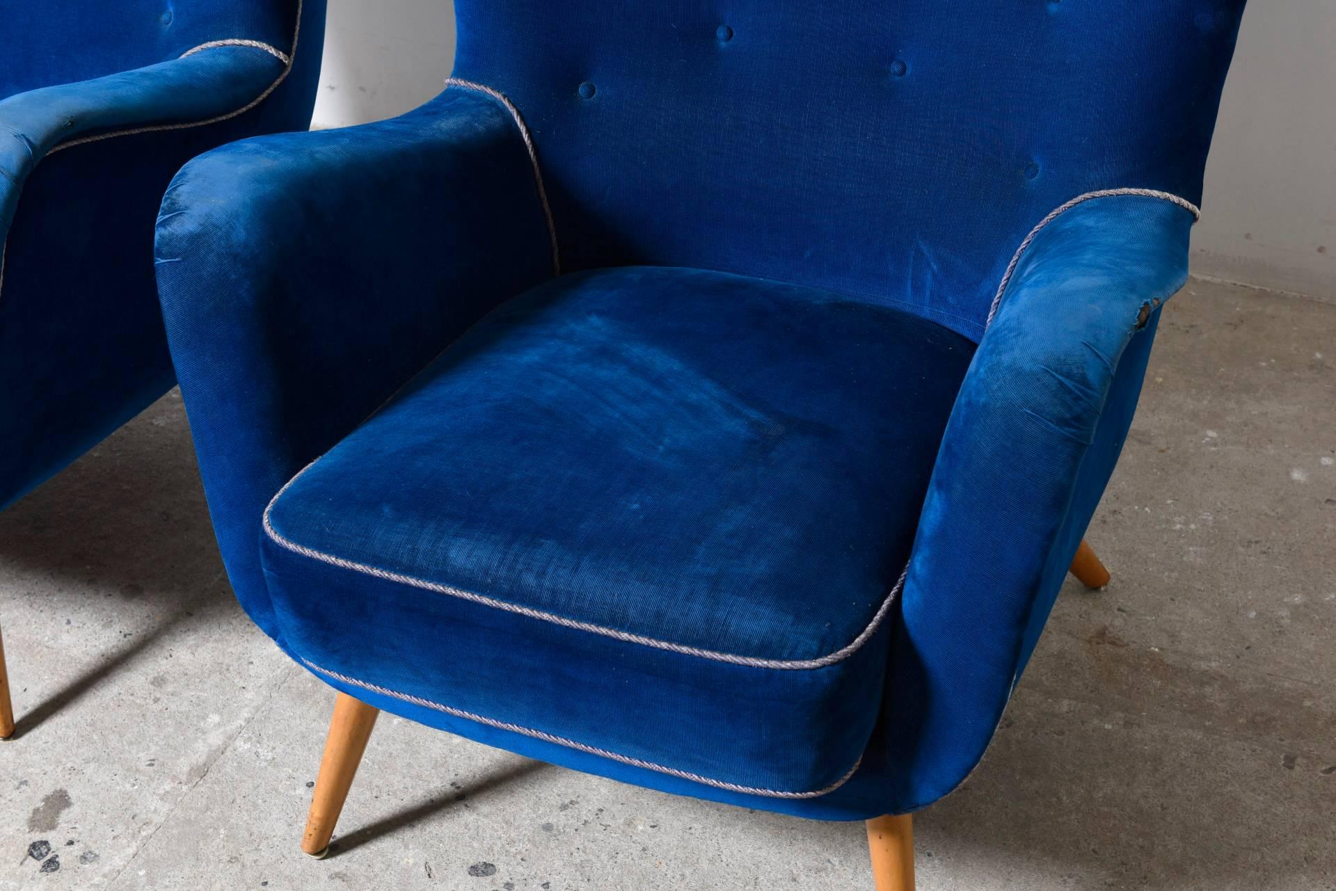 blue velvet wing back chair