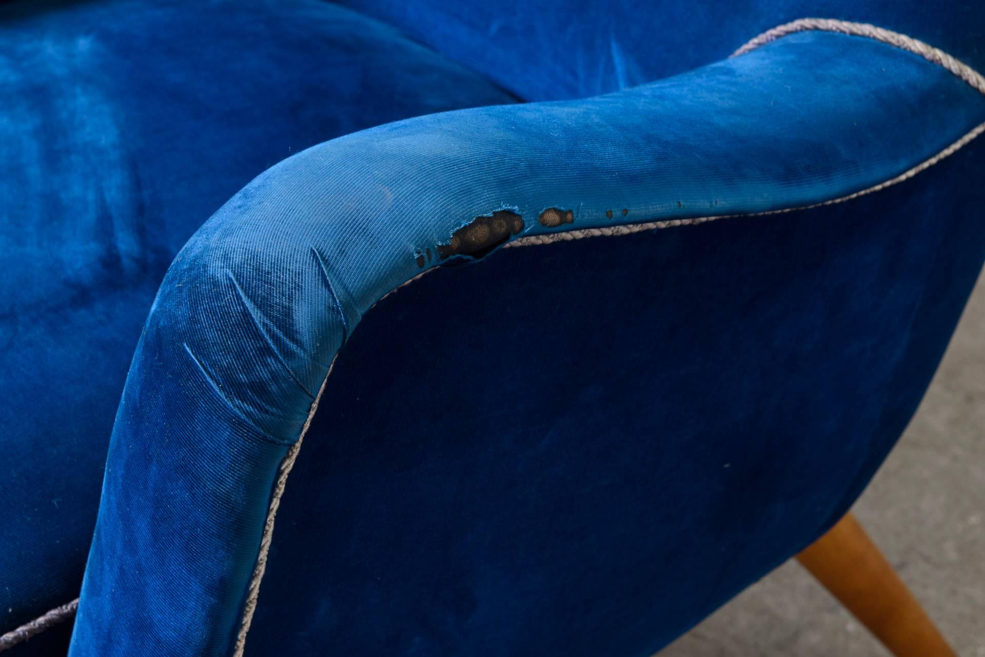 blue velvet wing chair