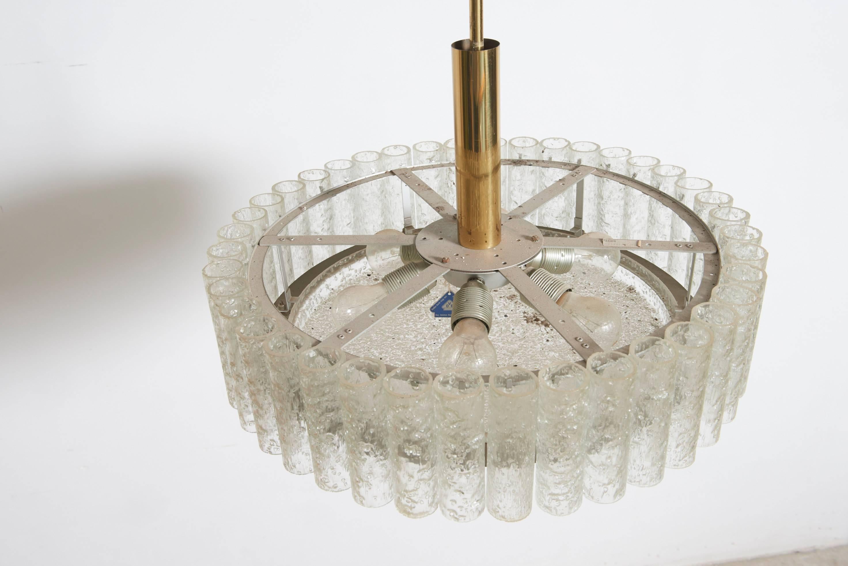 Metal Large Ice Glass Tube, Brass Chandelier Designed by Doria, 1970s, Germany