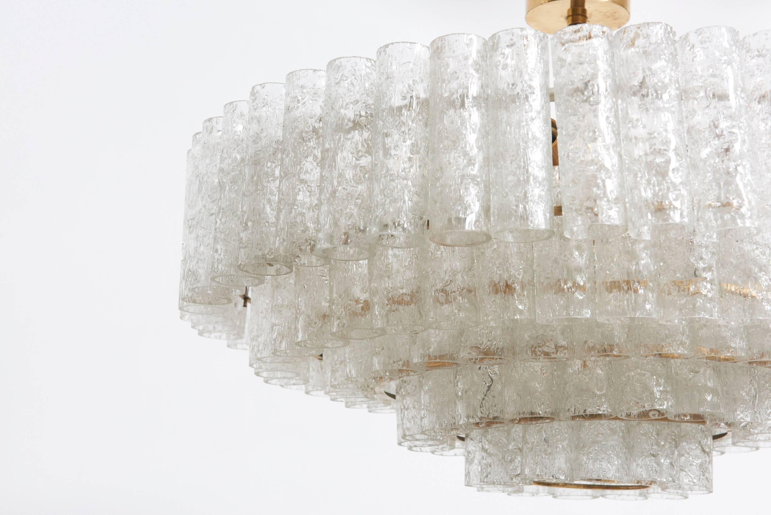 Mid-Century Modern Large Five Tiers Ice Granulated Glass Tube Chandelier Designed by Doria, Germany
