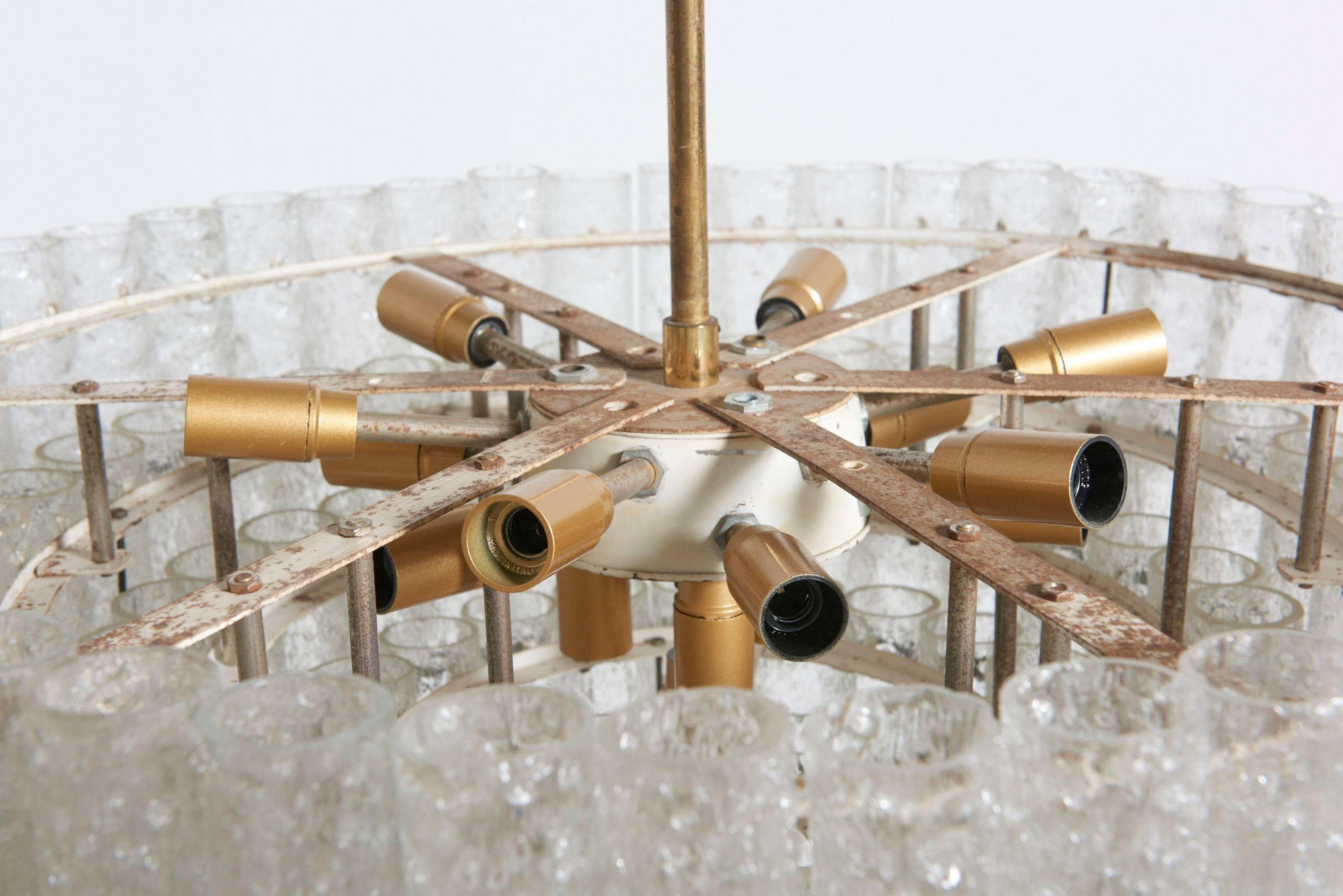 Metal Large Five Tiers Ice Granulated Glass Tube Chandelier Designed by Doria, Germany