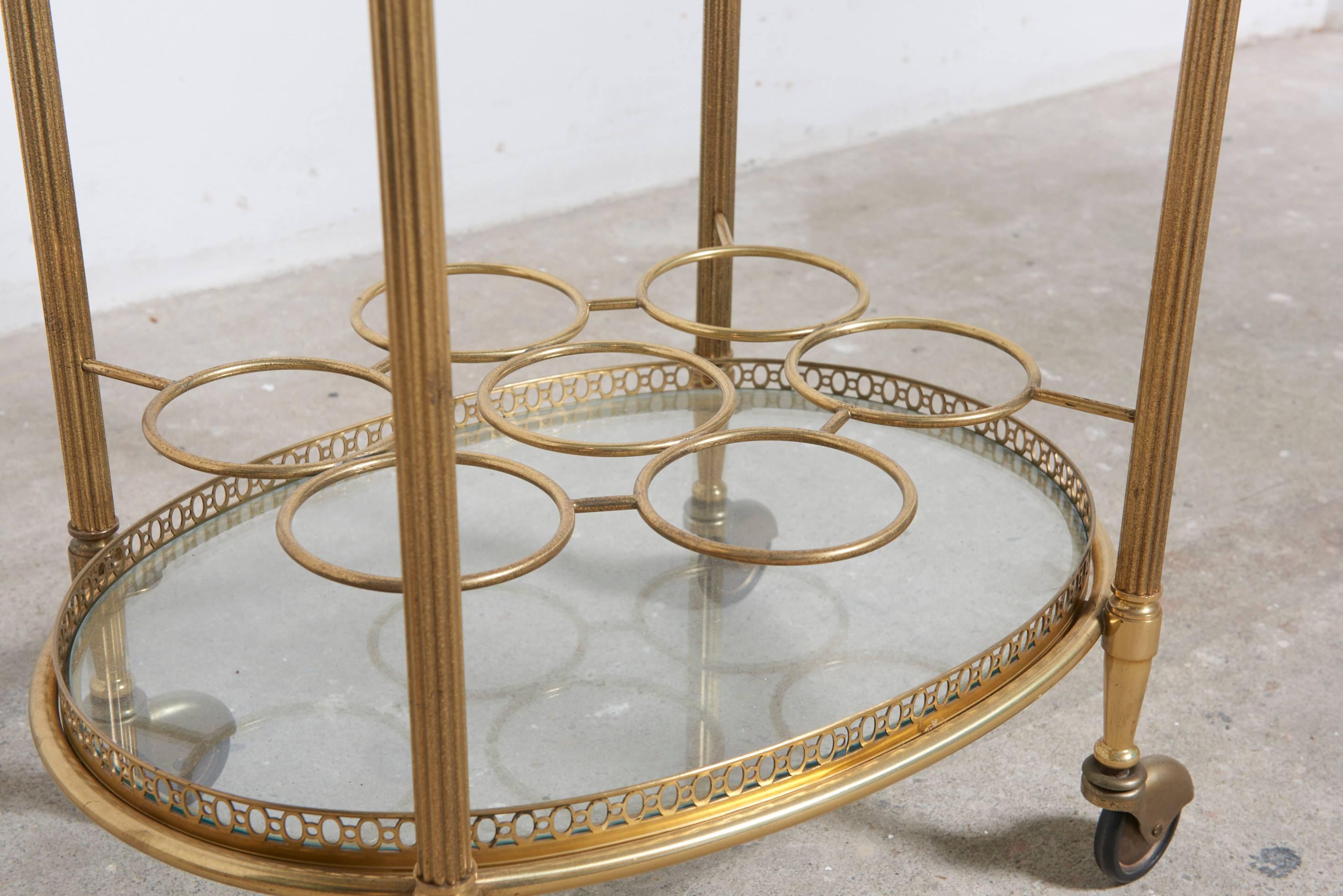 Hollywood Regency Oval Two-Tiered Brass and Glass Bar and Serving Cart or Trolley