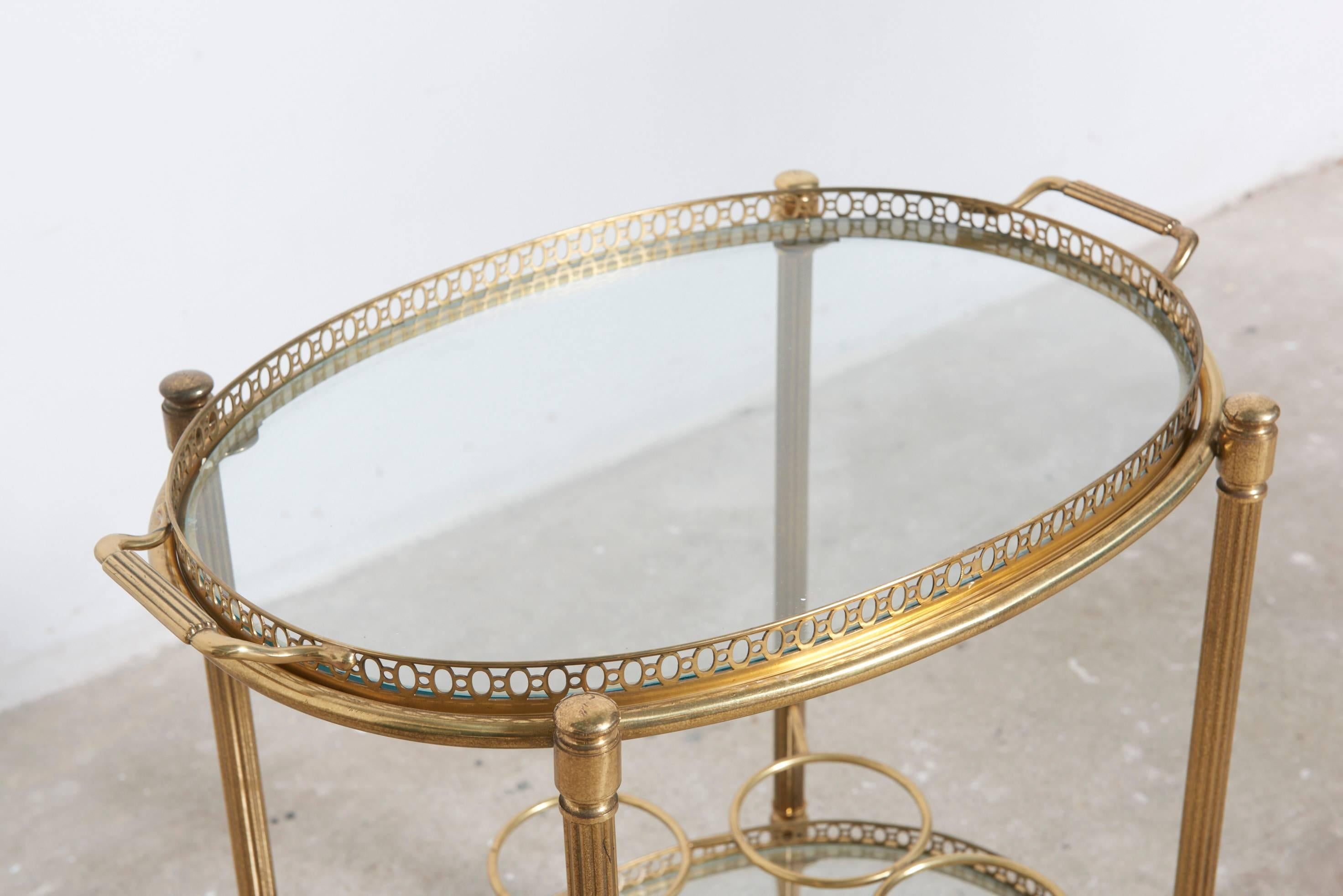 French Oval Two-Tiered Brass and Glass Bar and Serving Cart or Trolley