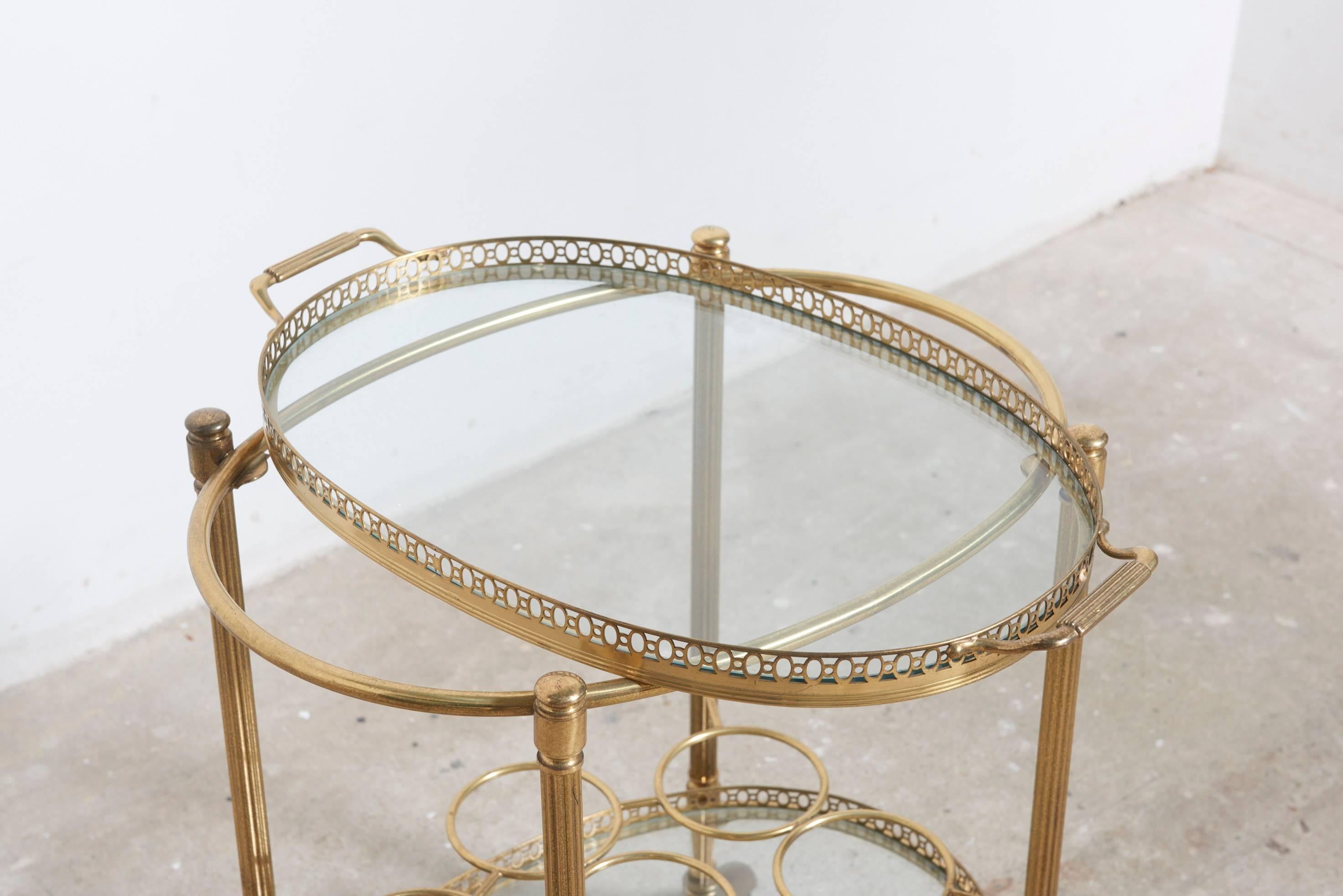 Late 20th Century Oval Two-Tiered Brass and Glass Bar and Serving Cart or Trolley