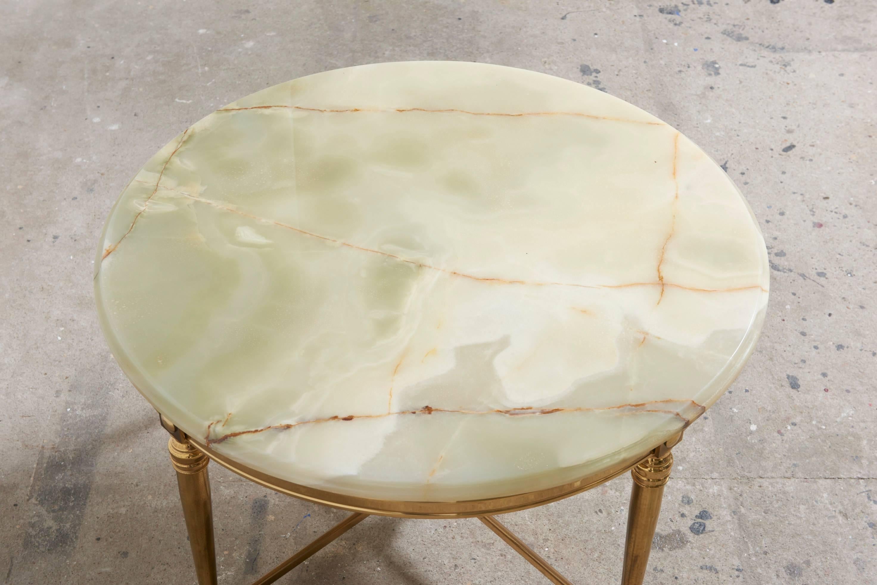 French Round Maison Bagues Onyx and Brass Gilted Coffee Table, 1970s