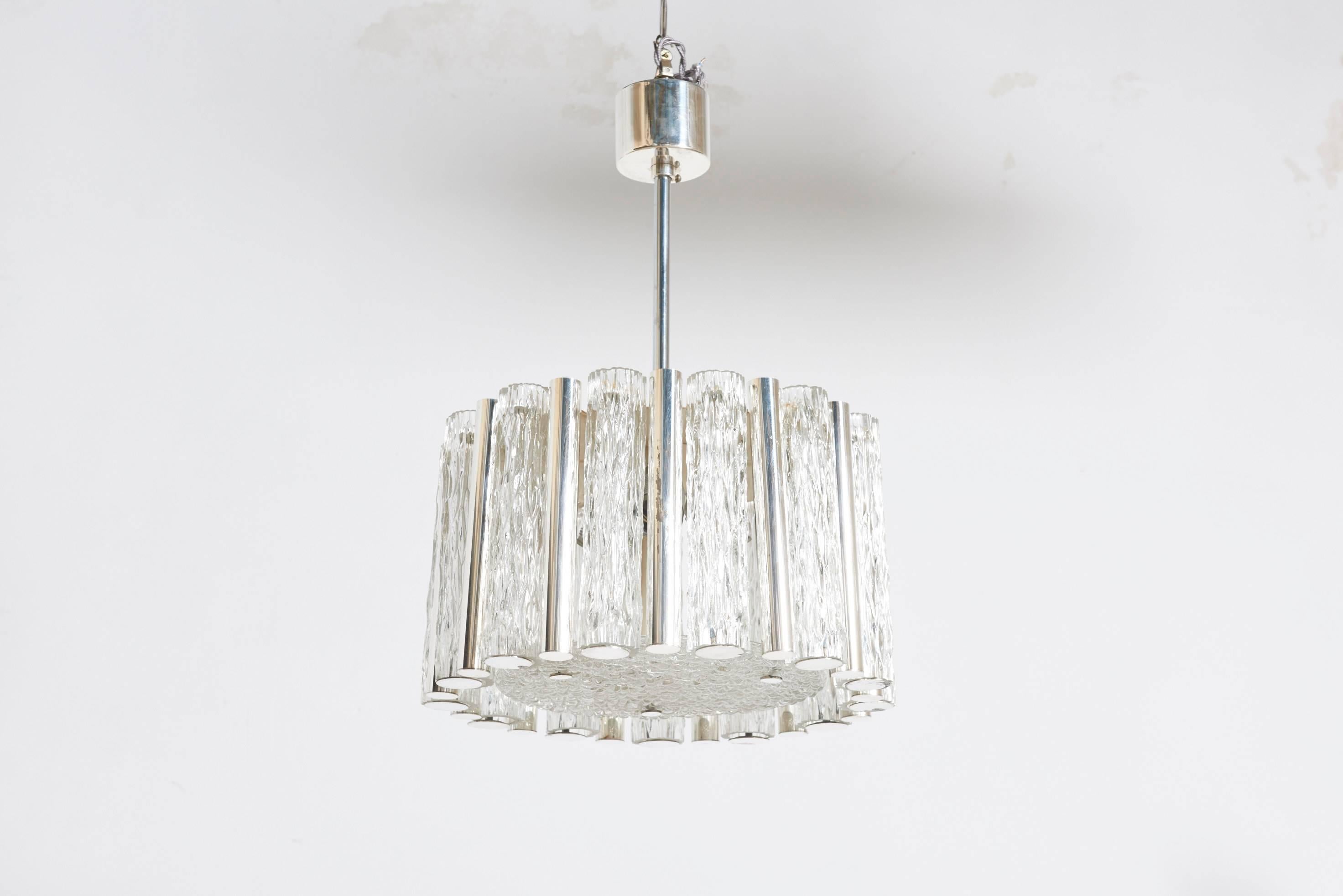 Mid-Century Modern Impressive Ice Glass and Silver Tubes Ceiling Fixture by Kaiser, Germany, 1960