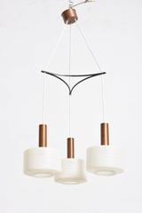 Glass-Brass Pendant Three-Light Cylinder White Stripe Shades, Tapio Wirkkala