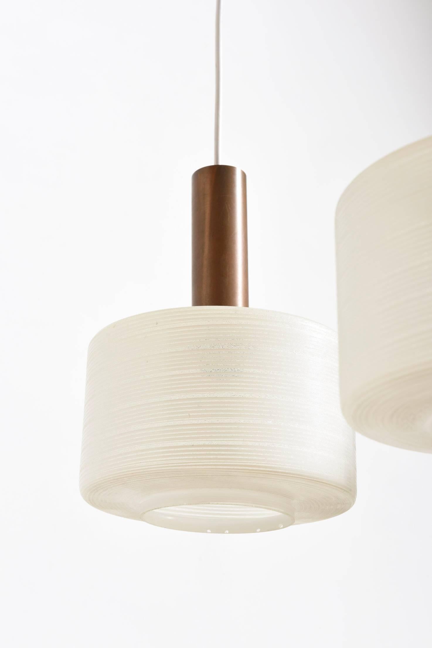 Scandinavian Modern Glass-Brass Pendant Three-Light Cylinder White Stripe Shades, Tapio Wirkkala For Sale