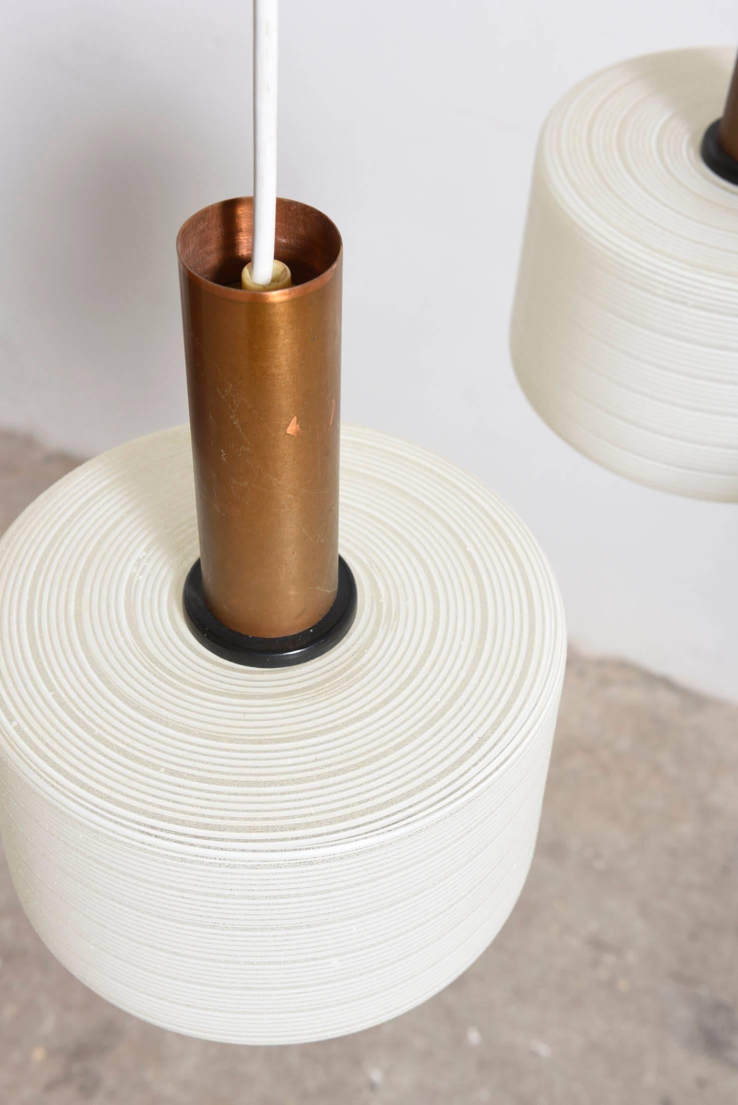 Finnish Glass-Brass Pendant Three-Light Cylinder White Stripe Shades, Tapio Wirkkala For Sale