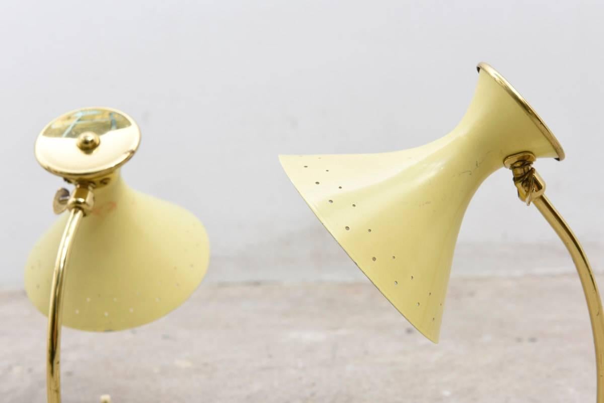 Mid-Century Modern Pair of Adjustable Italian Brass, Yellow Desk, Night Lamps