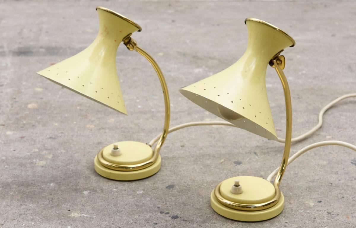 Lacquered Pair of Adjustable Italian Brass, Yellow Desk, Night Lamps